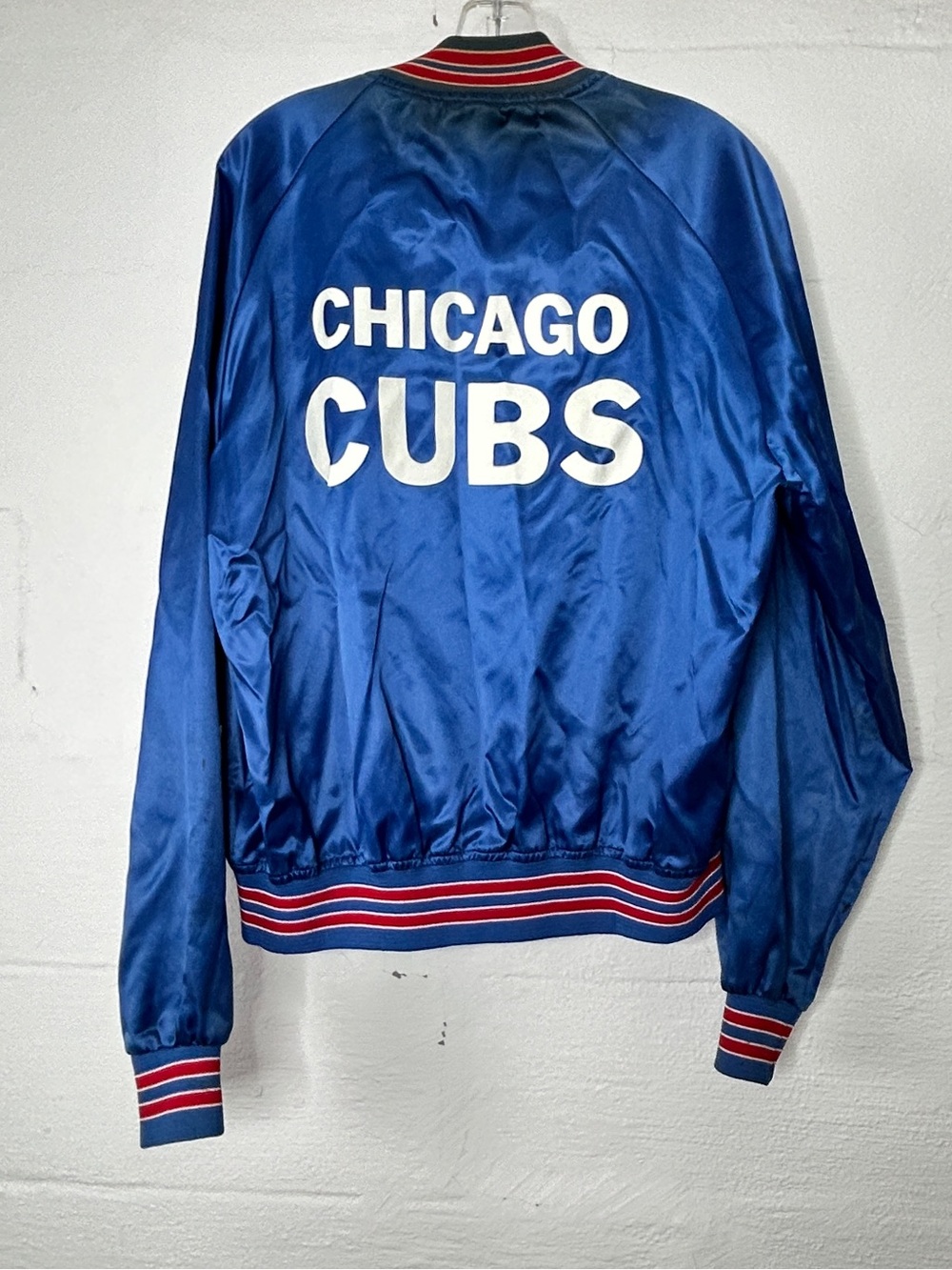 Vintage 80s Chicago Cubs Satin Bomber Jacket Blue Chalk Line 1st Night Game MLB